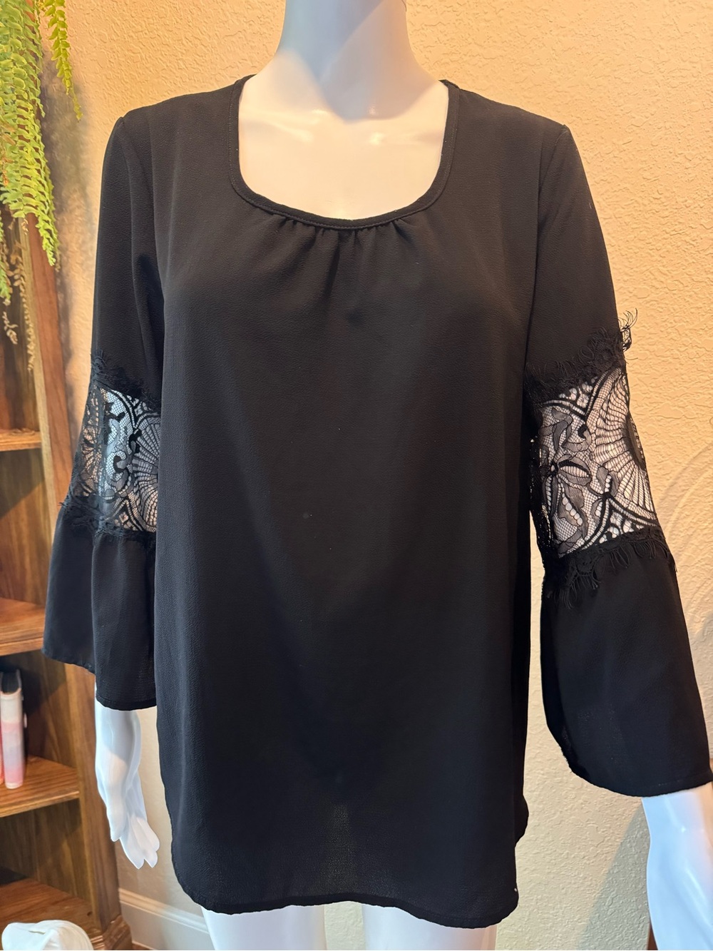 Women’s Black Lace-Inset Scoop Neck Blouse